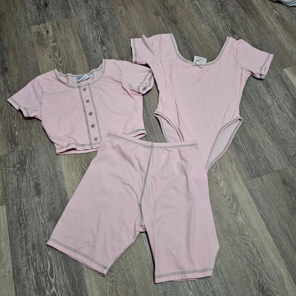 Vintage 90s 80s U.S. Wraps Pink Gym Set Bodysuit Crop Top Shorts Cotton Lycra